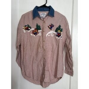 VTG Solutions Original Size M Striped Embroidered Skiing Animals Button Up Shirt